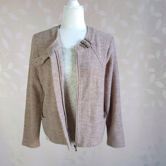 For Cynthia Cozy Wool Moto Buckle Zip Front Jacket Marled Beige Tan Petite Large - Picture 14 of 16